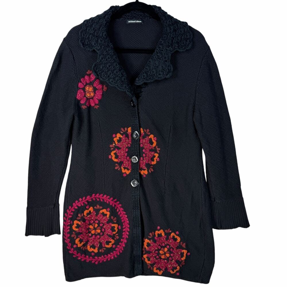 Michael Simon Sweater Cardigan Womens XL Spun Silk Cotton Embroidered Button